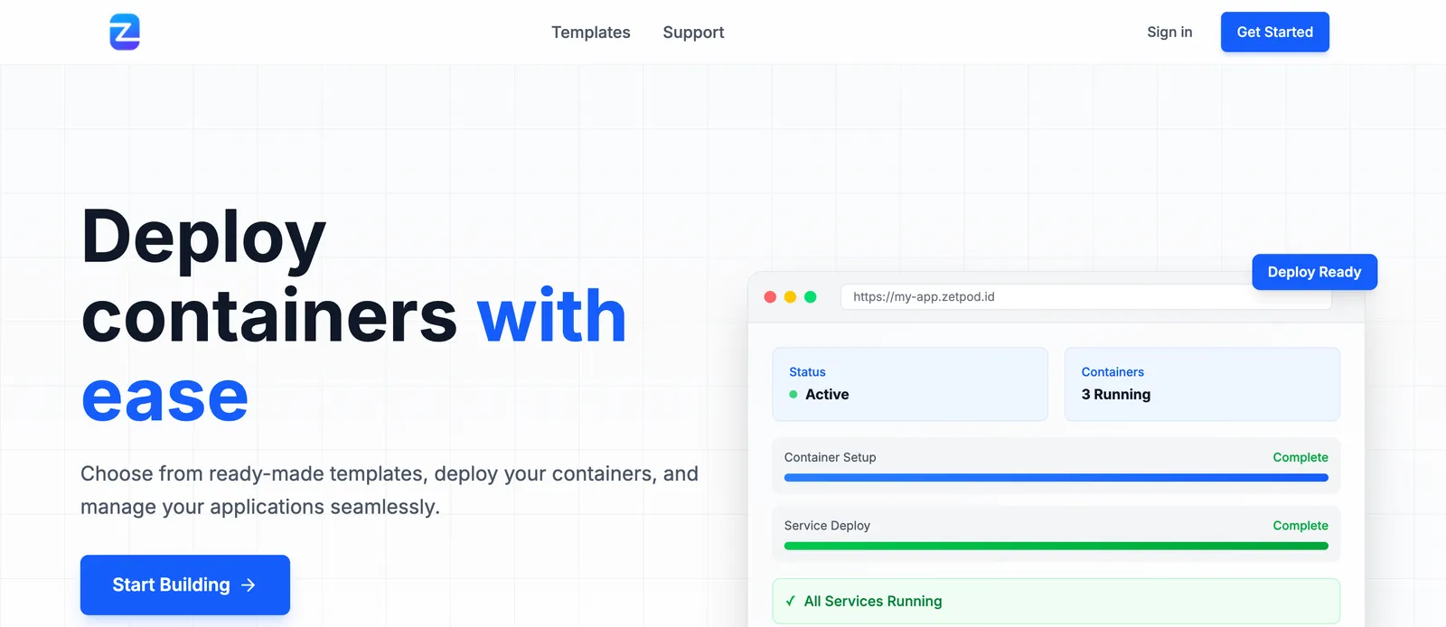 Beranda ZetPod: deploy kontainer dengan mudah, dengan contoh status deploy