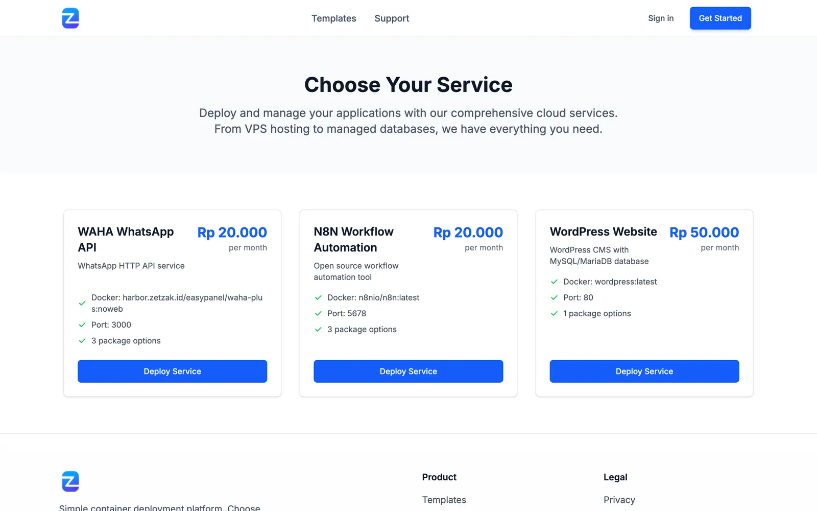 Halaman layanan ZetPod: WAHA WhatsApp API, n8n, dan WordPress beserta paketnya