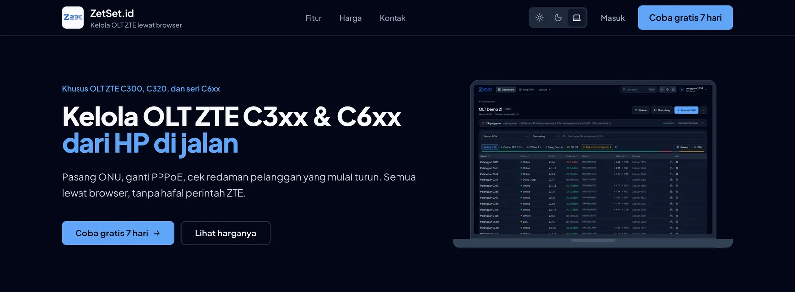Beranda ZetSet.id: judul, tombol coba gratis, dan tampilan aplikasi di laptop